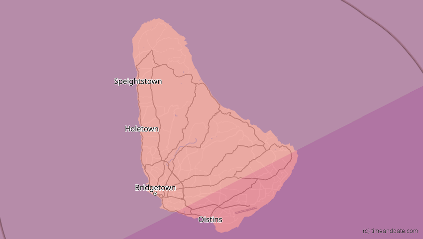 A map of Barbados, showing the path of the 2. Jul 2038 Ringförmige Sonnenfinsternis