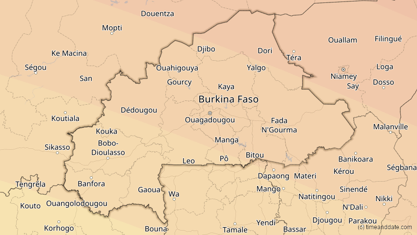 A map of Burkina Faso, showing the path of the 2. Jul 2038 Ringförmige Sonnenfinsternis