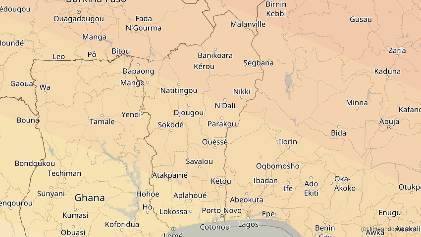 A map of Benin, showing the path of the 2. Jul 2038 Ringförmige Sonnenfinsternis