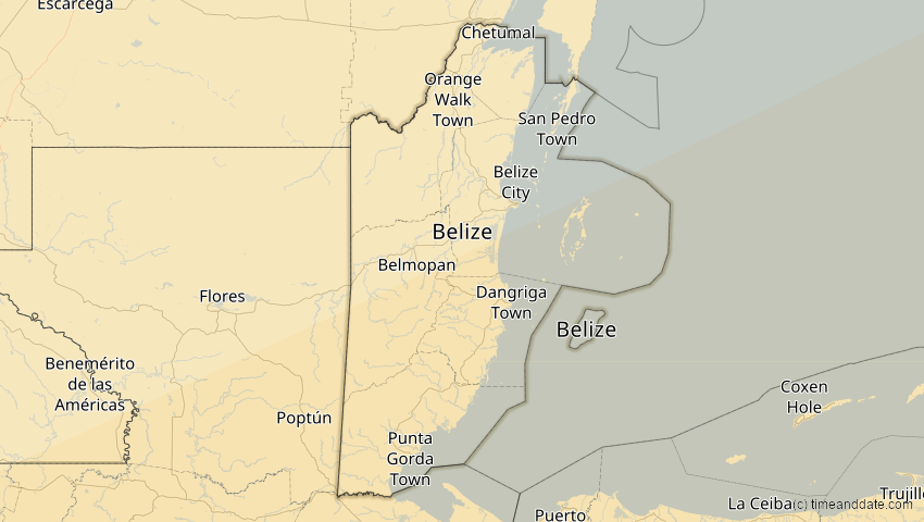 A map of Belize, showing the path of the 2. Jul 2038 Ringförmige Sonnenfinsternis