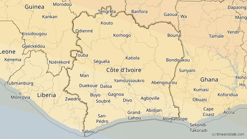 A map of Elfenbeinküste (Côte d'Ivoire), showing the path of the 2. Jul 2038 Ringförmige Sonnenfinsternis