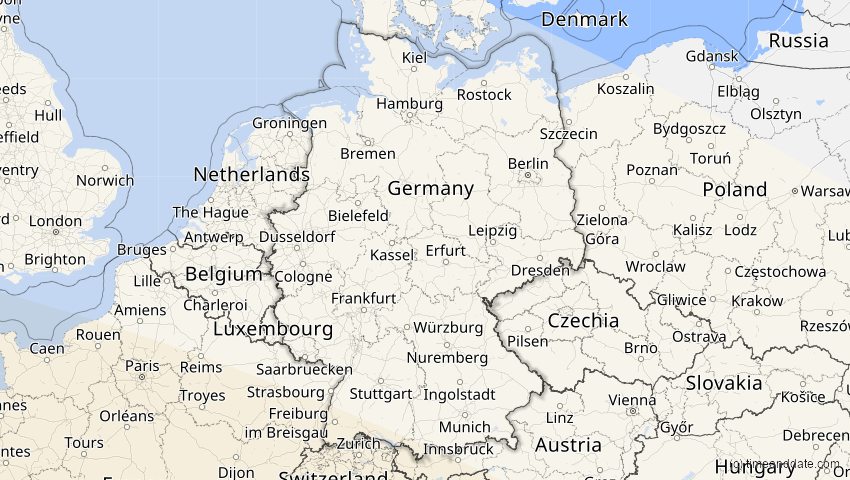 A map of Deutschland, showing the path of the 2. Jul 2038 Ringförmige Sonnenfinsternis