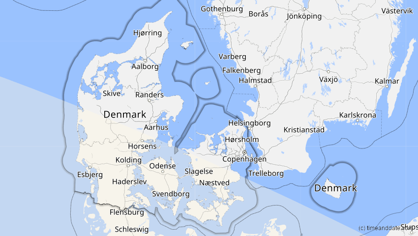 A map of Dänemark, showing the path of the 2. Jul 2038 Ringförmige Sonnenfinsternis