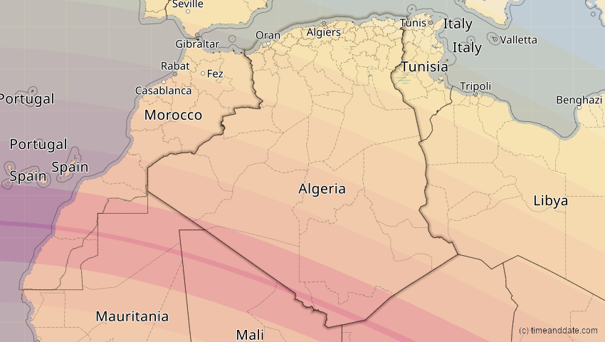 A map of Algerien, showing the path of the 2. Jul 2038 Ringförmige Sonnenfinsternis