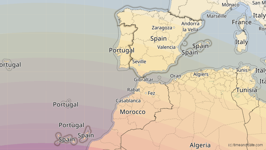 A map of Spanien, showing the path of the 2. Jul 2038 Ringförmige Sonnenfinsternis