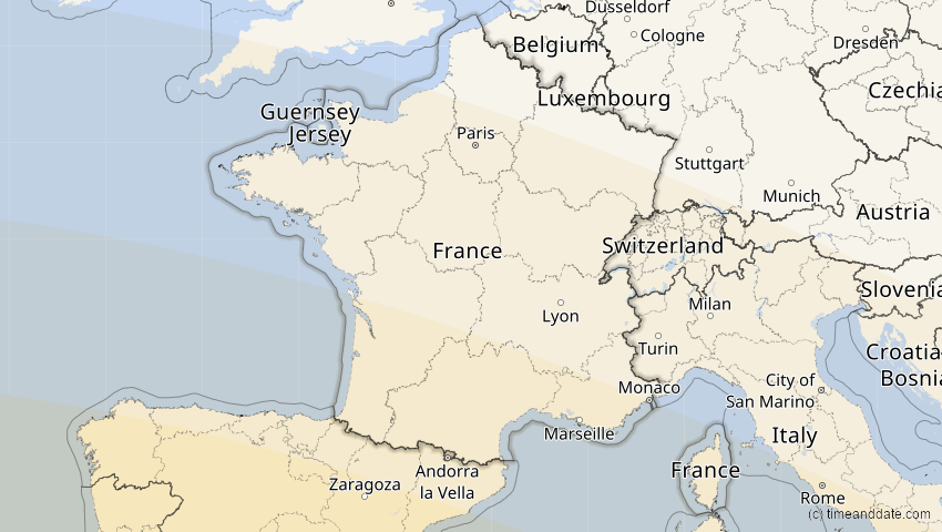 A map of Frankreich, showing the path of the 2. Jul 2038 Ringförmige Sonnenfinsternis