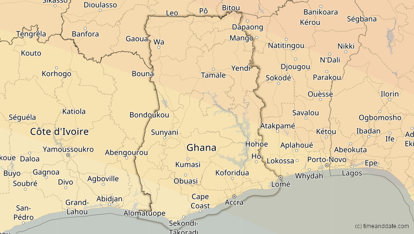 A map of Ghana, showing the path of the 2. Jul 2038 Ringförmige Sonnenfinsternis