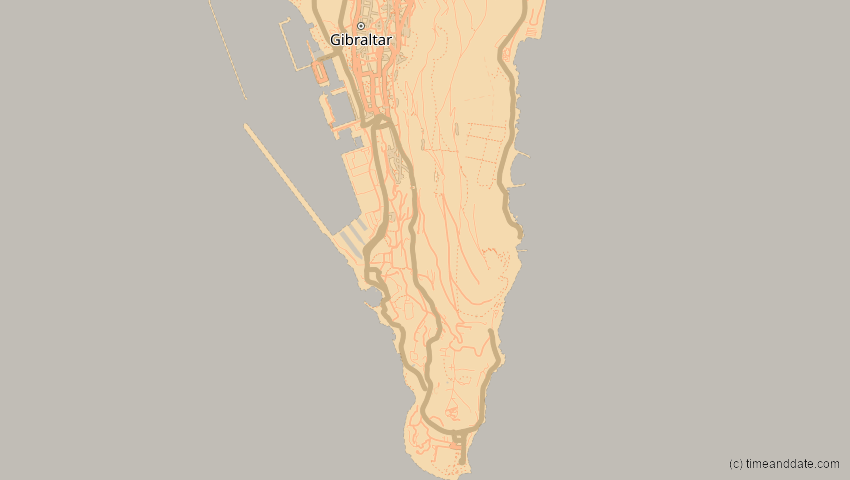 A map of Gibraltar, showing the path of the 2. Jul 2038 Ringförmige Sonnenfinsternis