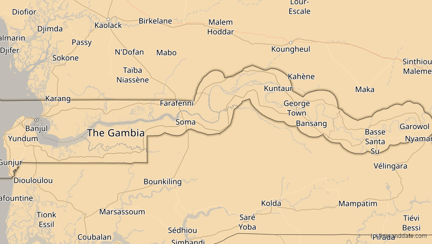 A map of Gambia, showing the path of the 2. Jul 2038 Ringförmige Sonnenfinsternis