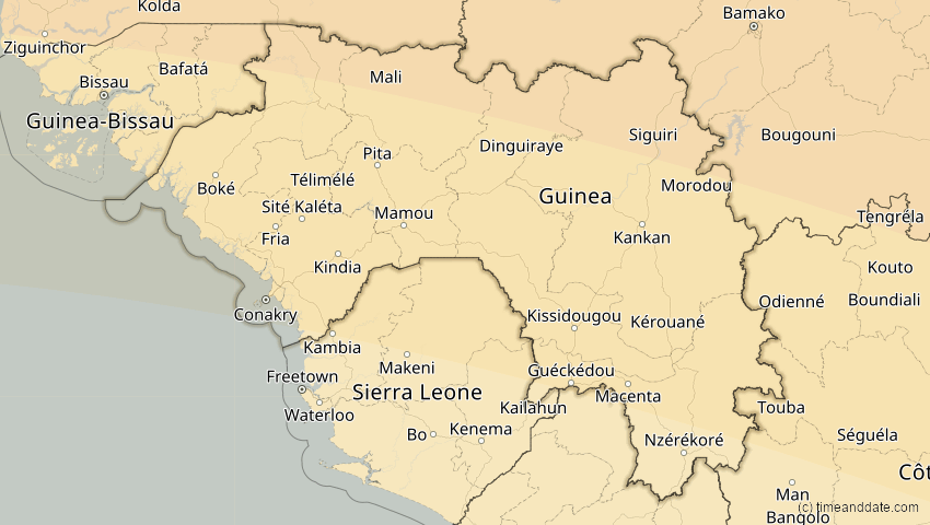 A map of Guinea, showing the path of the 2. Jul 2038 Ringförmige Sonnenfinsternis