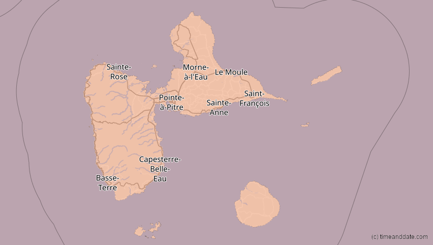 A map of Guadeloupe, showing the path of the 2. Jul 2038 Ringförmige Sonnenfinsternis
