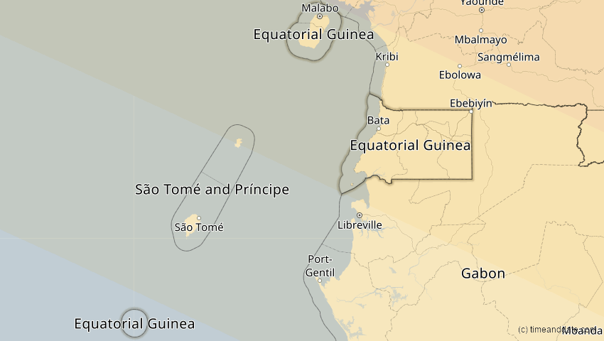 A map of Äquatorialguinea, showing the path of the 2. Jul 2038 Ringförmige Sonnenfinsternis