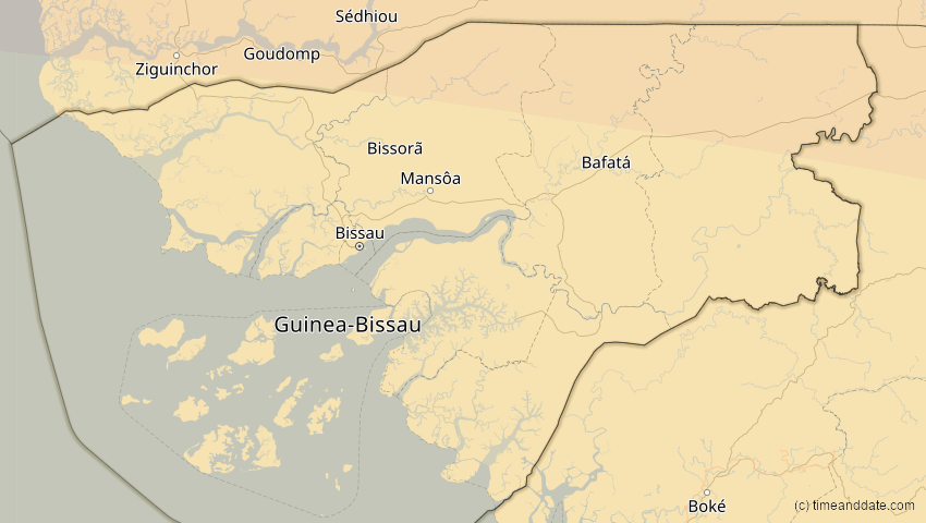 A map of Guinea-Bissau, showing the path of the 2. Jul 2038 Ringförmige Sonnenfinsternis