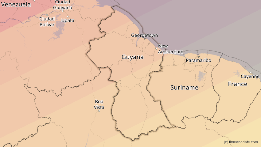 A map of Guyana, showing the path of the 2. Jul 2038 Ringförmige Sonnenfinsternis