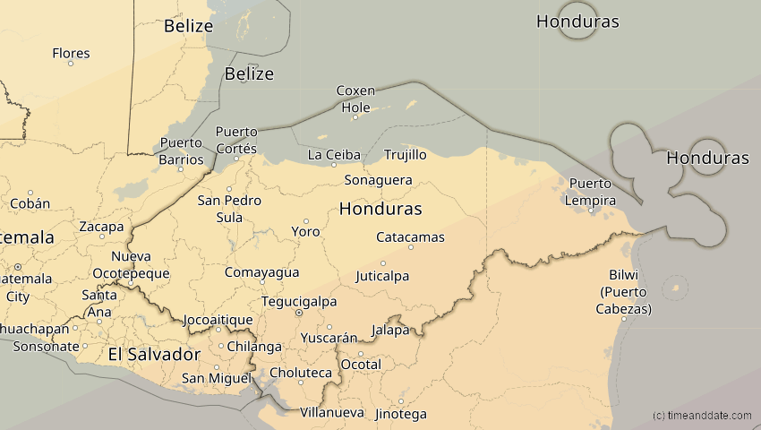A map of Honduras, showing the path of the 2. Jul 2038 Ringförmige Sonnenfinsternis