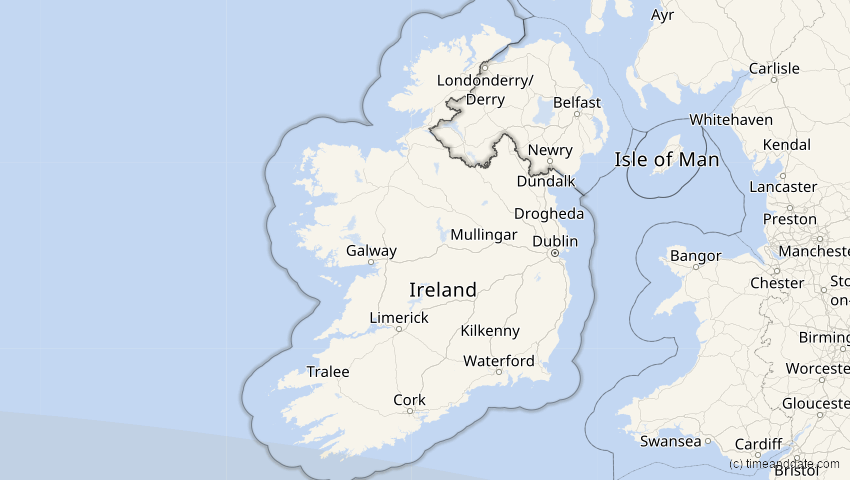 A map of Irland, showing the path of the 2. Jul 2038 Ringförmige Sonnenfinsternis