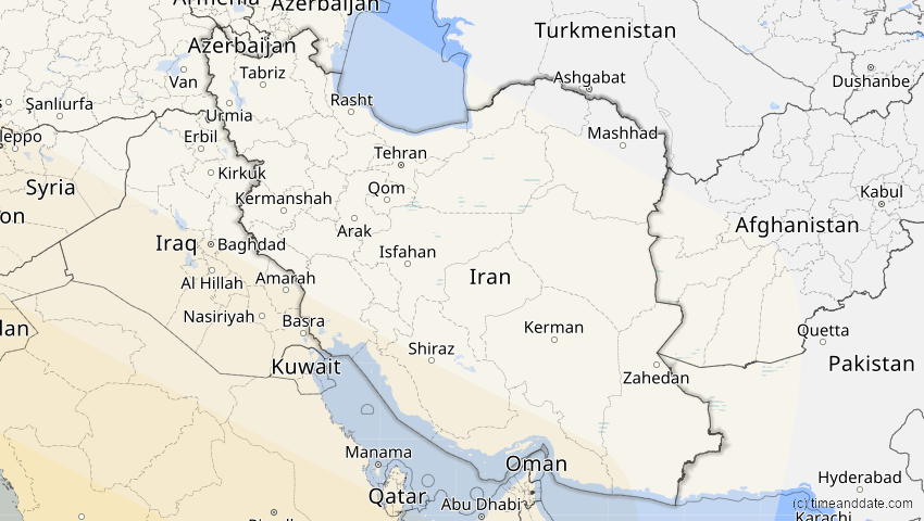 A map of Iran, showing the path of the 2. Jul 2038 Ringförmige Sonnenfinsternis