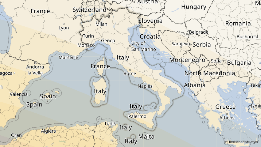 A map of Italien, showing the path of the 2. Jul 2038 Ringförmige Sonnenfinsternis