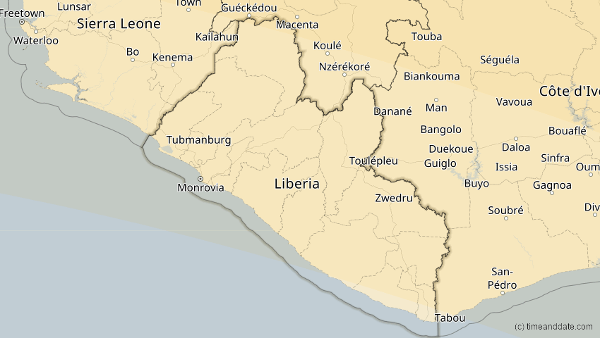 A map of Liberia, showing the path of the 2. Jul 2038 Ringförmige Sonnenfinsternis