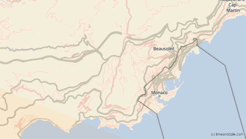 A map of Monaco, showing the path of the 2. Jul 2038 Ringförmige Sonnenfinsternis