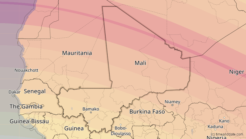 A map of Mali, showing the path of the 2. Jul 2038 Ringförmige Sonnenfinsternis