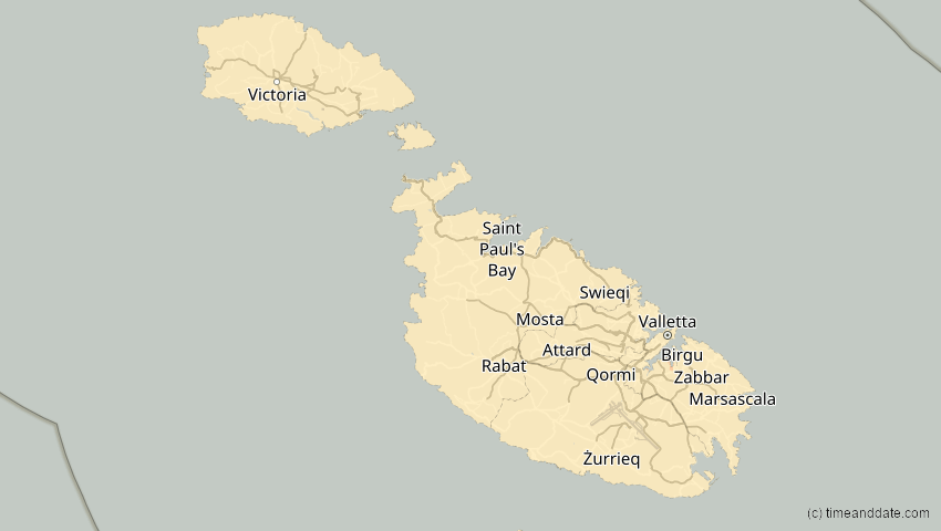A map of Malta, showing the path of the 2. Jul 2038 Ringförmige Sonnenfinsternis