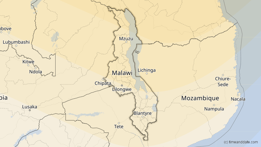 A map of Malawi, showing the path of the 2. Jul 2038 Ringförmige Sonnenfinsternis