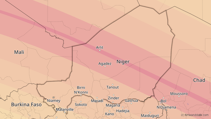 A map of Niger, showing the path of the 2. Jul 2038 Ringförmige Sonnenfinsternis