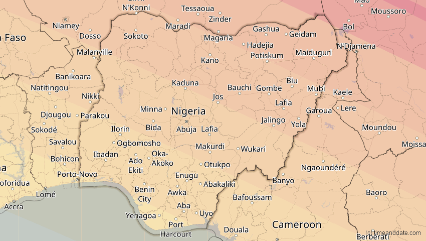 A map of Nigeria, showing the path of the 2. Jul 2038 Ringförmige Sonnenfinsternis