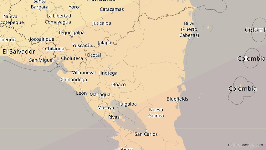 A map of Nicaragua, showing the path of the 2. Jul 2038 Ringförmige Sonnenfinsternis