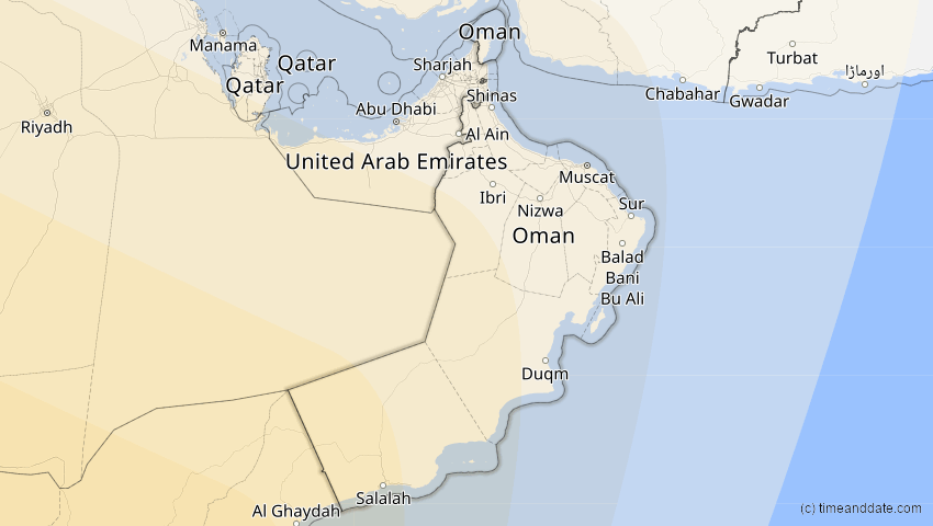 A map of Oman, showing the path of the 2. Jul 2038 Ringförmige Sonnenfinsternis