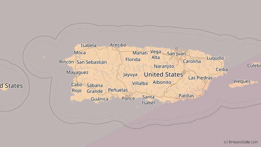 A map of Puerto Rico, showing the path of the 2. Jul 2038 Ringförmige Sonnenfinsternis