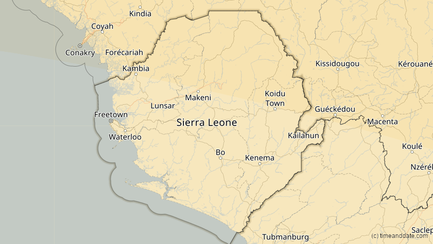 A map of Sierra Leone, showing the path of the 2. Jul 2038 Ringförmige Sonnenfinsternis