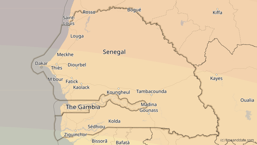 A map of Senegal, showing the path of the 2. Jul 2038 Ringförmige Sonnenfinsternis