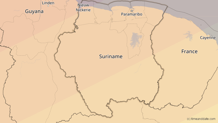 A map of Suriname, showing the path of the 2. Jul 2038 Ringförmige Sonnenfinsternis