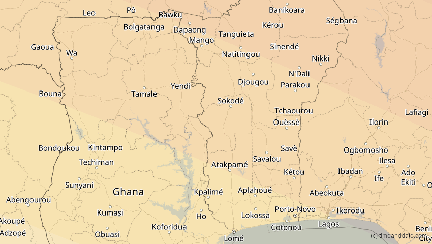 A map of Togo, showing the path of the 2. Jul 2038 Ringförmige Sonnenfinsternis