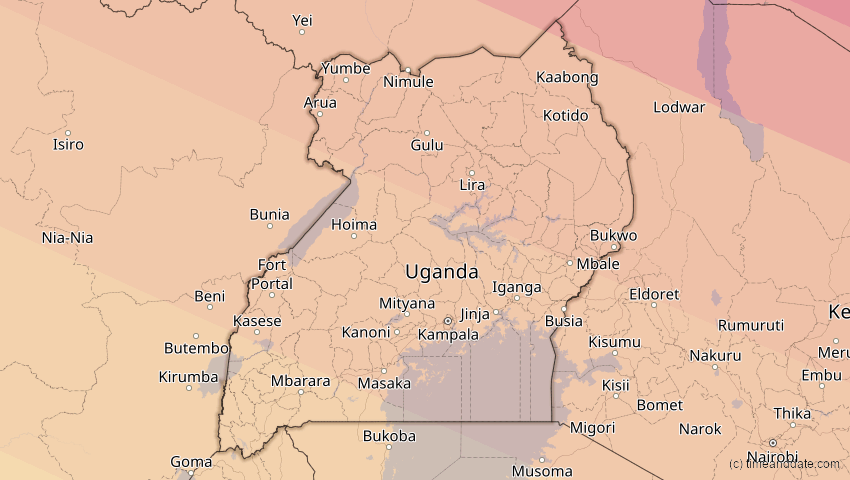 A map of Uganda, showing the path of the 2. Jul 2038 Ringförmige Sonnenfinsternis