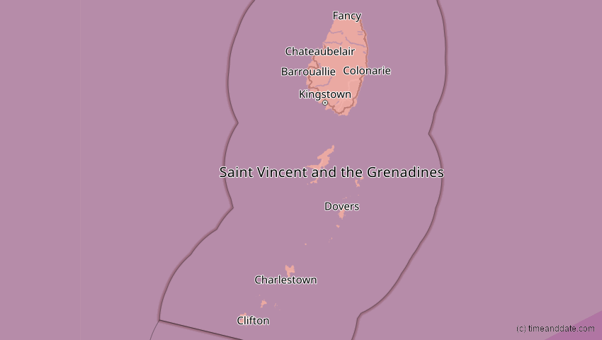 A map of St. Vincent und die Grenadinen, showing the path of the 2. Jul 2038 Ringförmige Sonnenfinsternis
