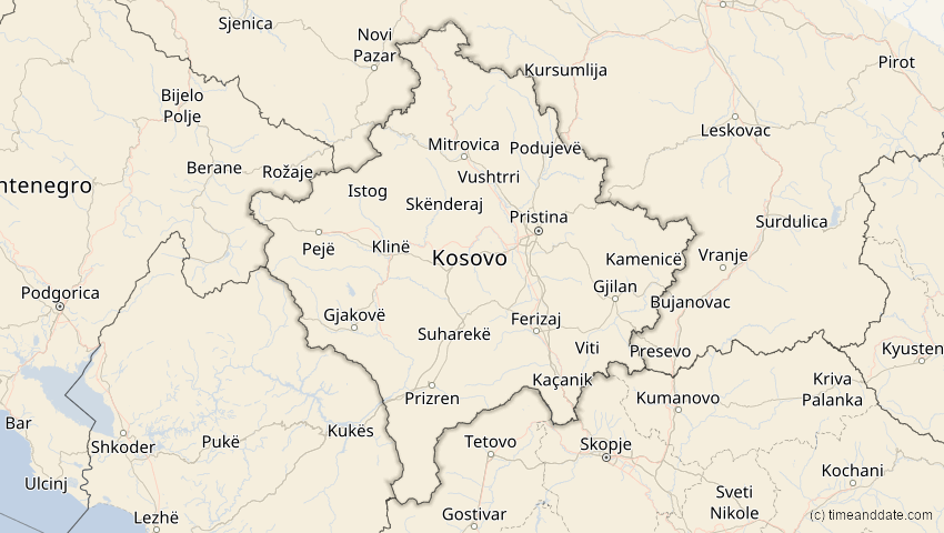 A map of Kosovo, showing the path of the 2. Jul 2038 Ringförmige Sonnenfinsternis