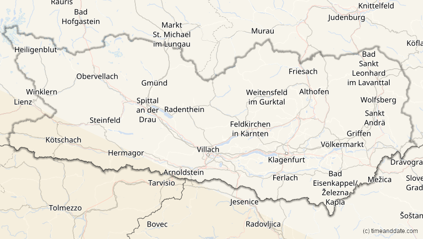 A map of Kärnten, Österreich, showing the path of the 2. Jul 2038 Ringförmige Sonnenfinsternis