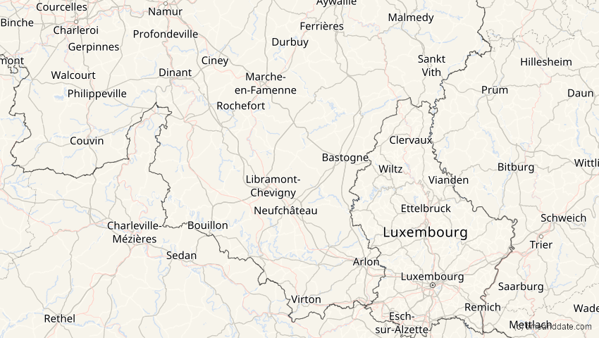 A map of Luxemburg, Belgien, showing the path of the 2. Jul 2038 Ringförmige Sonnenfinsternis
