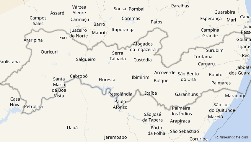 A map of Pernambuco, Brasilien, showing the path of the 2. Jul 2038 Ringförmige Sonnenfinsternis