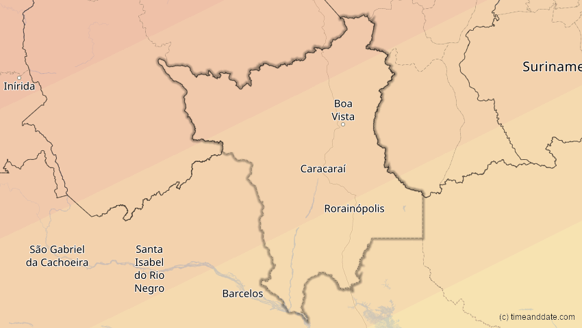 A map of Roraima, Brasilien, showing the path of the 2. Jul 2038 Ringförmige Sonnenfinsternis
