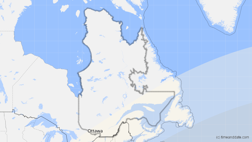 A map of Québec, Kanada, showing the path of the 2. Jul 2038 Ringförmige Sonnenfinsternis