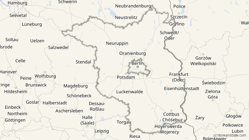 A map of Brandenburg, Deutschland, showing the path of the 2. Jul 2038 Ringförmige Sonnenfinsternis