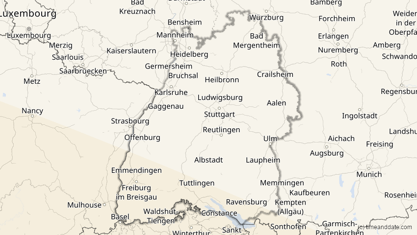 A map of Baden-Württemberg, Deutschland, showing the path of the 2. Jul 2038 Ringförmige Sonnenfinsternis