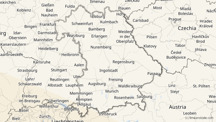 A map of Bayern, Deutschland, showing the path of the 2. Jul 2038 Ringförmige Sonnenfinsternis