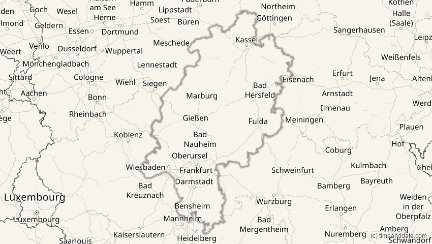 A map of Hessen, Deutschland, showing the path of the 2. Jul 2038 Ringförmige Sonnenfinsternis