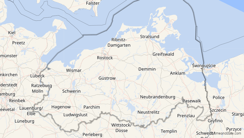 A map of Mecklenburg-Vorpommern, Deutschland, showing the path of the 2. Jul 2038 Ringförmige Sonnenfinsternis