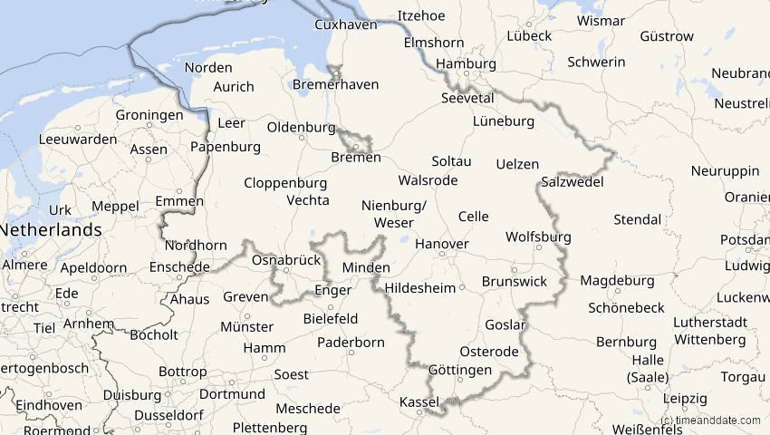 A map of Niedersachsen, Deutschland, showing the path of the 2. Jul 2038 Ringförmige Sonnenfinsternis